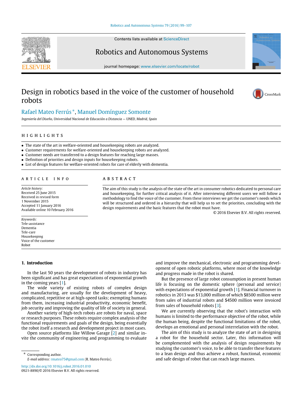 Design in Robotics Based in the Voice of the Customer of Household Robots