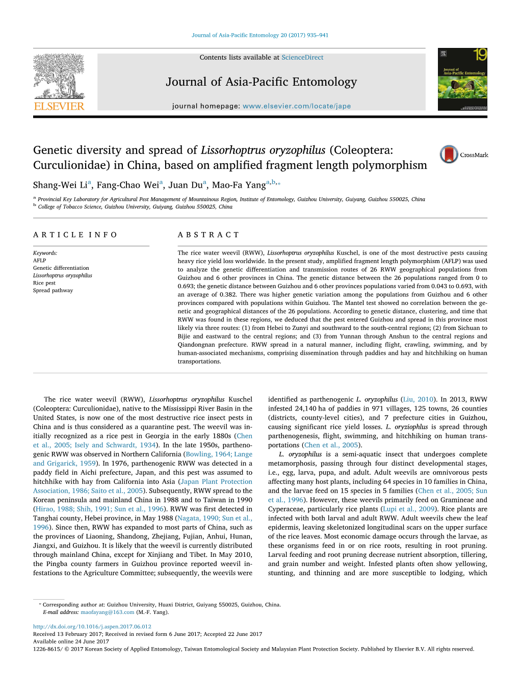 Genetic Diversity and Spread of Lissorhoptrus Oryzophilus (Coleoptera: MARK Curculionidae) in China, Based on Ampliﬁed Fragment Length Polymorphism