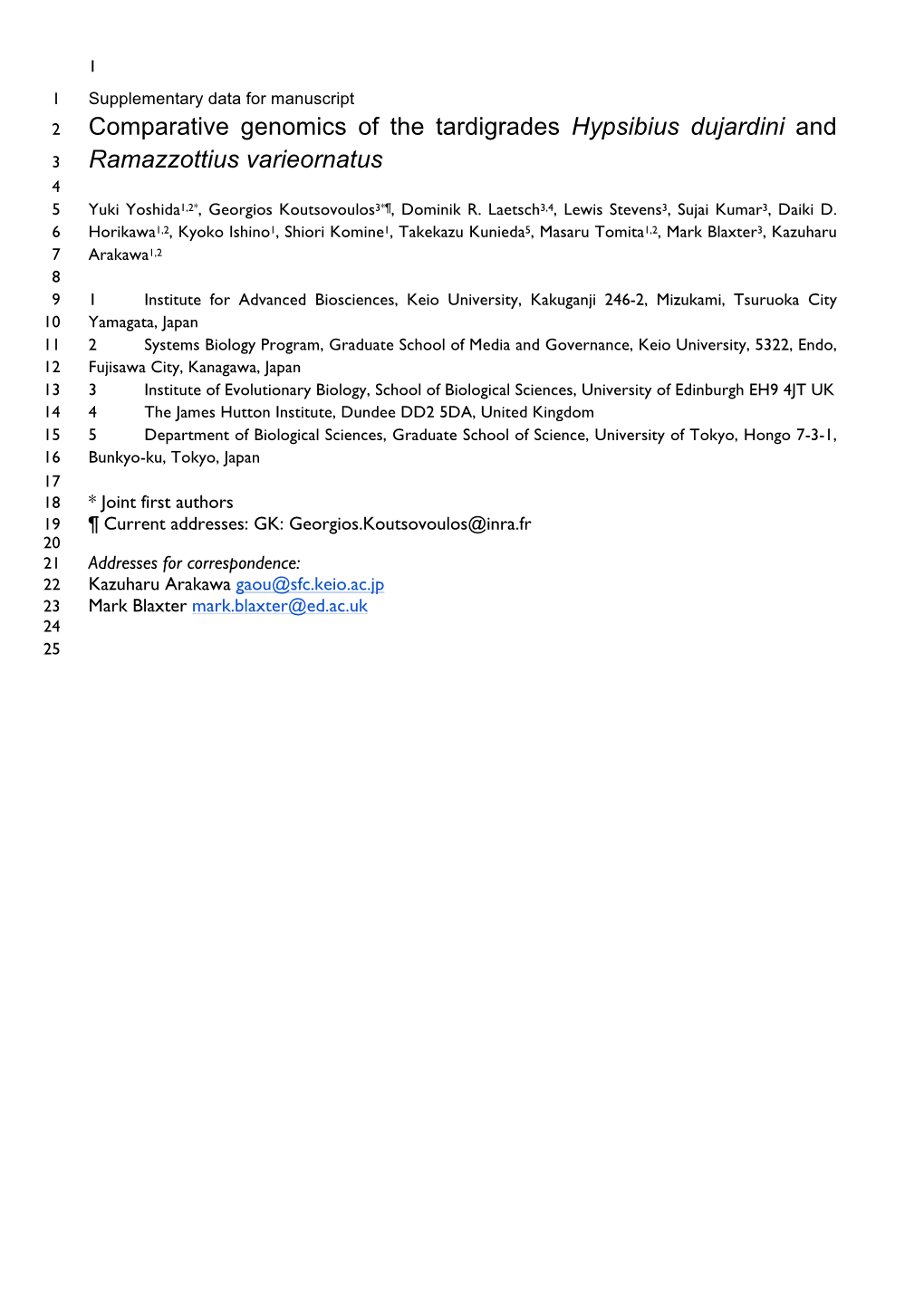 Comparative Genomics of the Tardigrades Hypsibius Dujardini and 3 Ramazzottius Varieornatus 4 5 Yuki Yoshida1,2*, Georgios Koutsovoulos3*¶, Dominik R