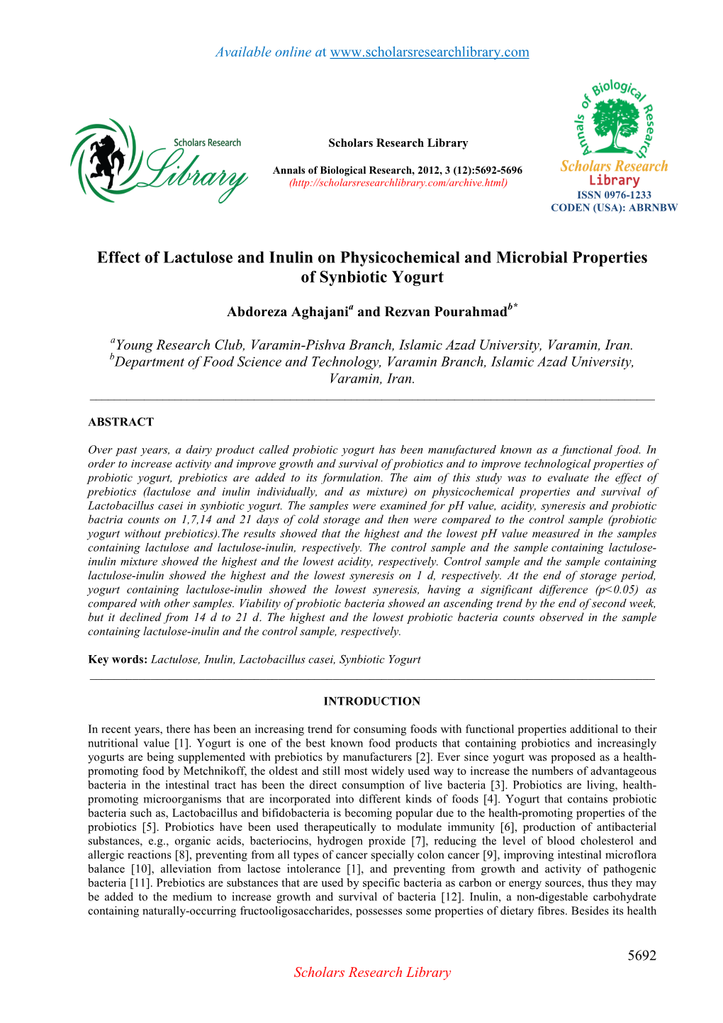 Effect of Lactulose and Inulin on Physicochemical and Microbial Properties of Synbiotic Yogurt