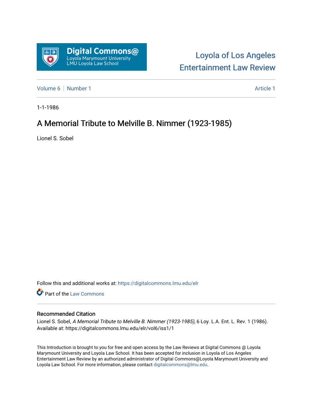 A Memorial Tribute to Melville B. Nimmer (1923-1985)