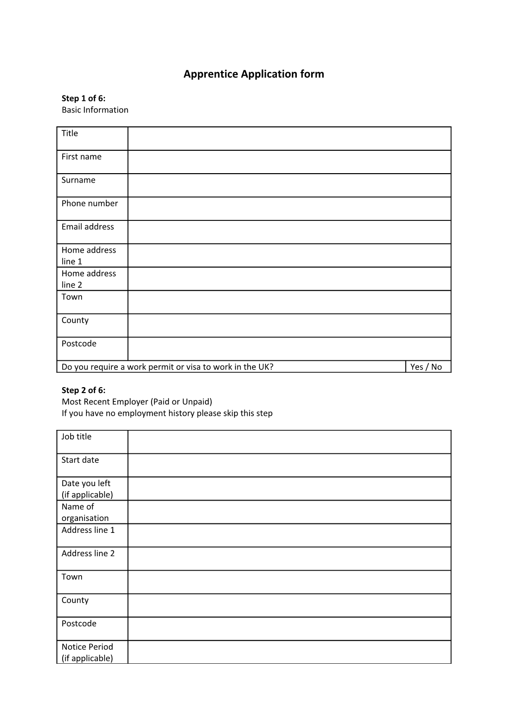 Apprentice Application Form