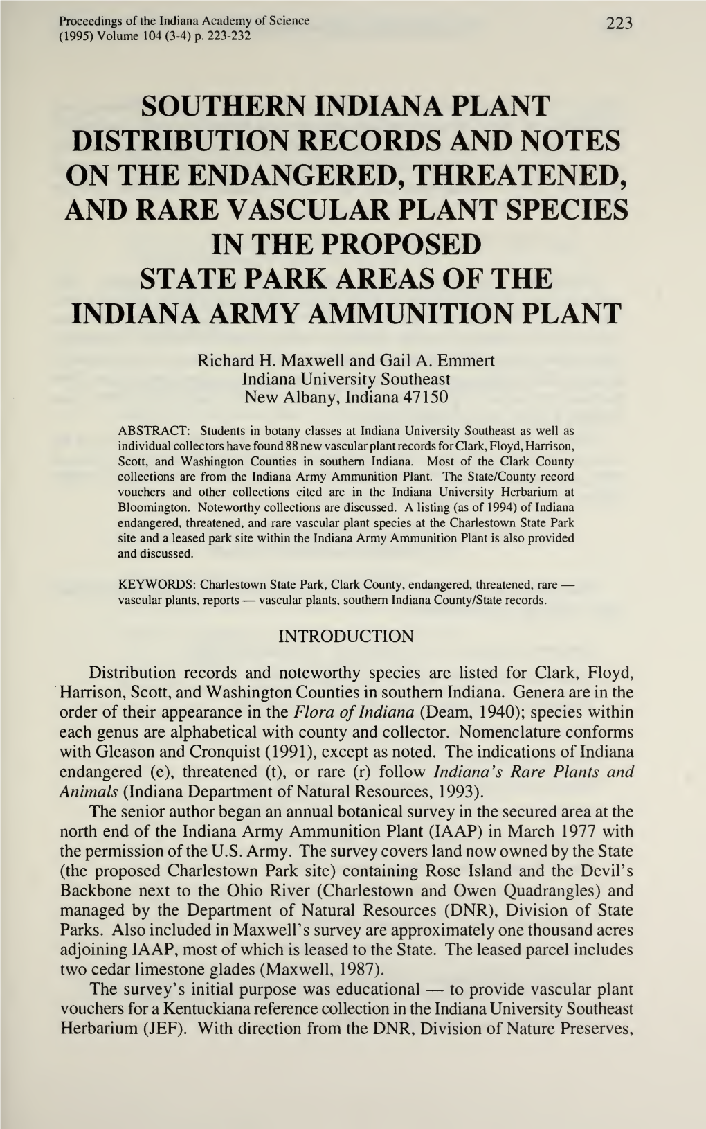 Proceedings of the Indiana Academy of Science 223 (1995) Volume 104 (3-4) P