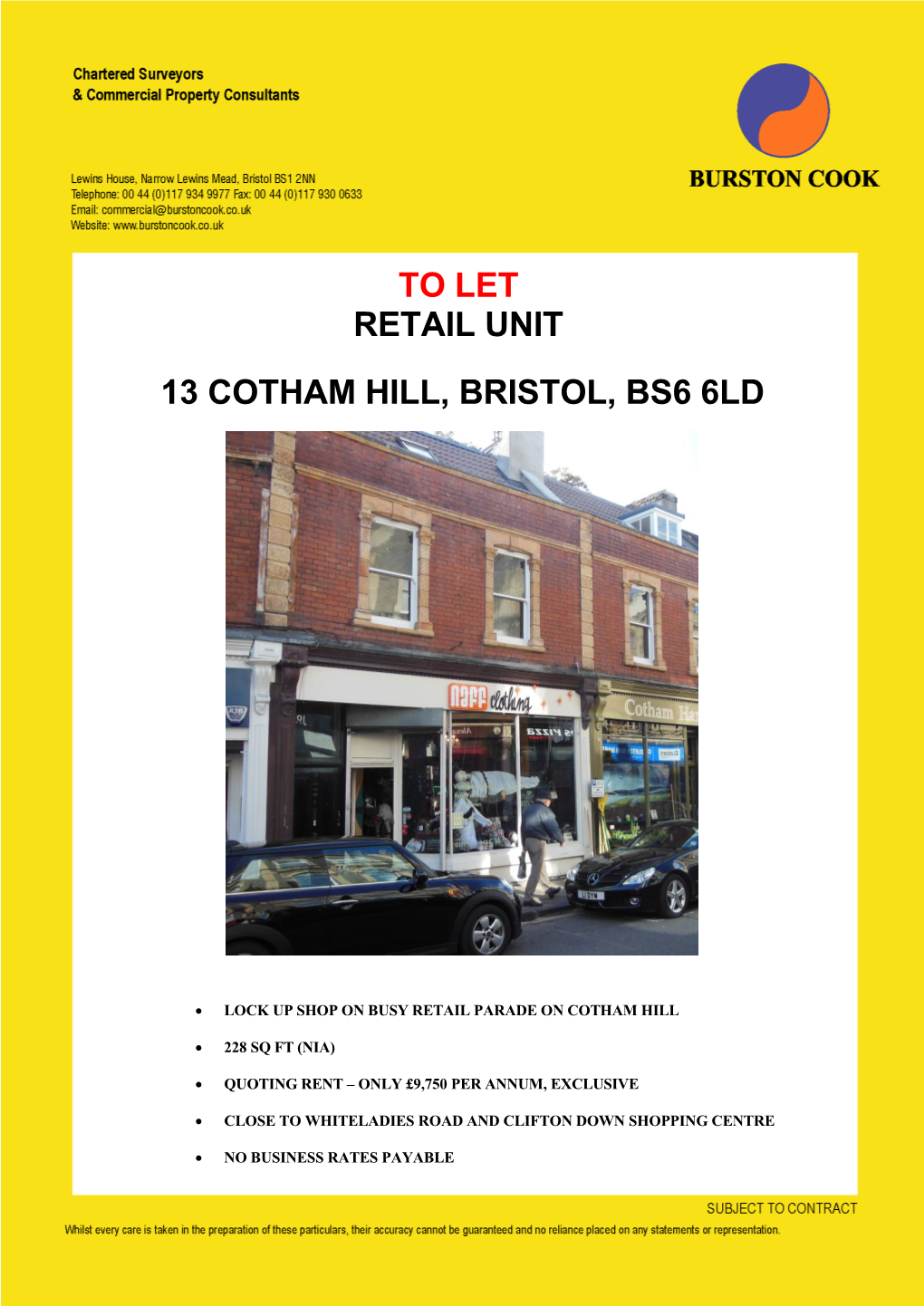 To Let Retail Unit 13 Cotham Hill, Bristol, Bs6