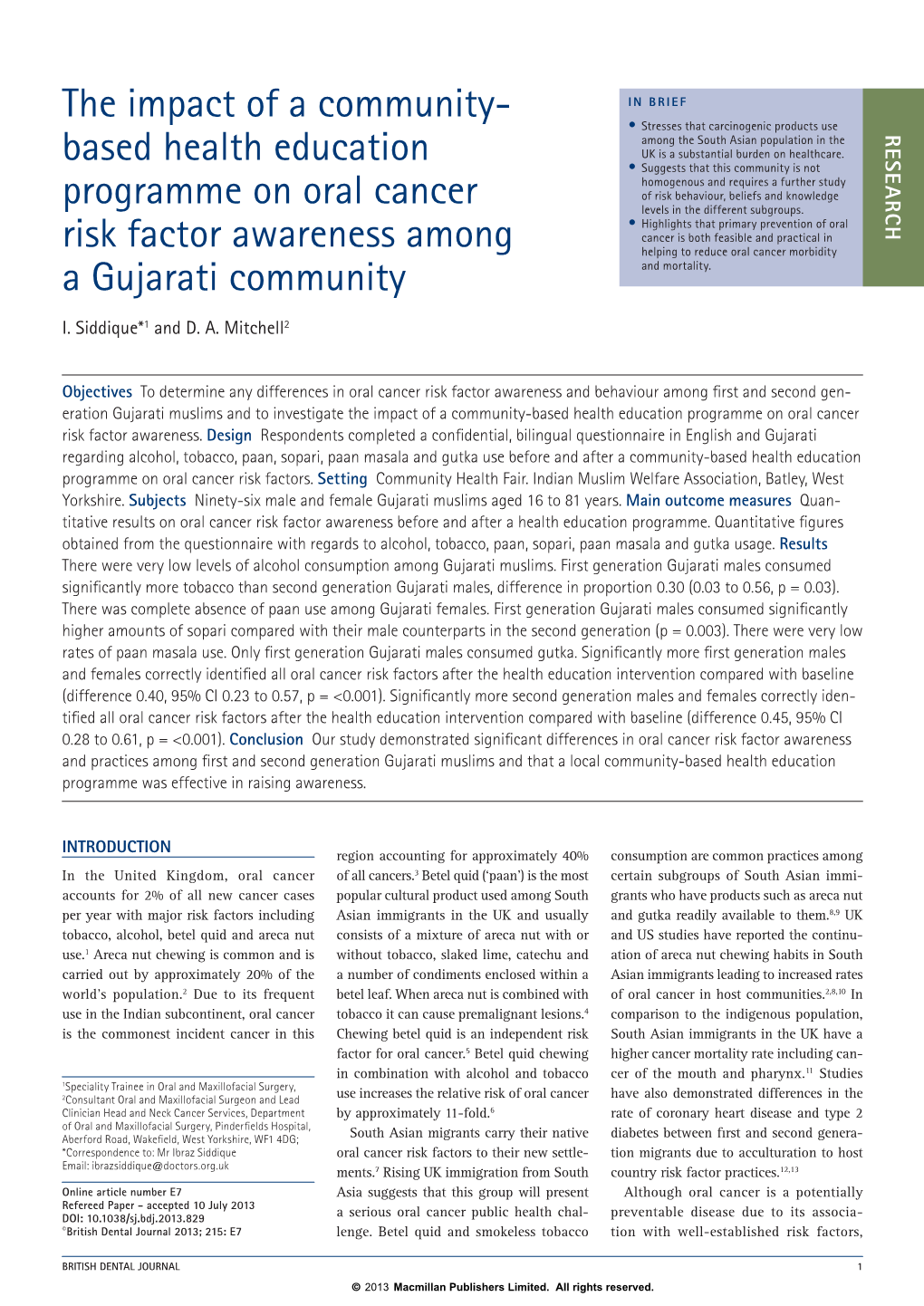 The Impact of a Community-Based Health Education Programme on Oral Cancer Risk Factor Awareness