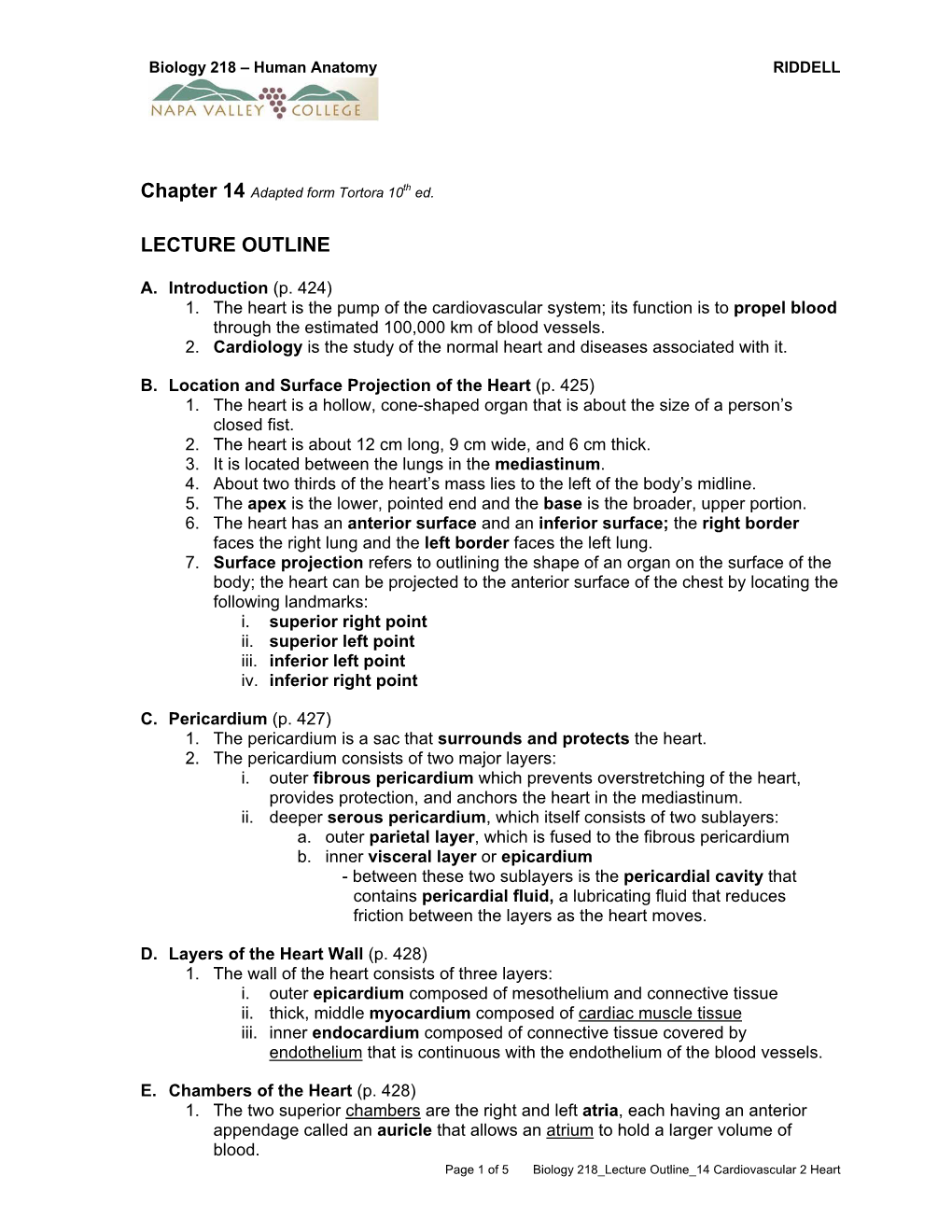 Biology 218 – Human Anatomy RIDDELL