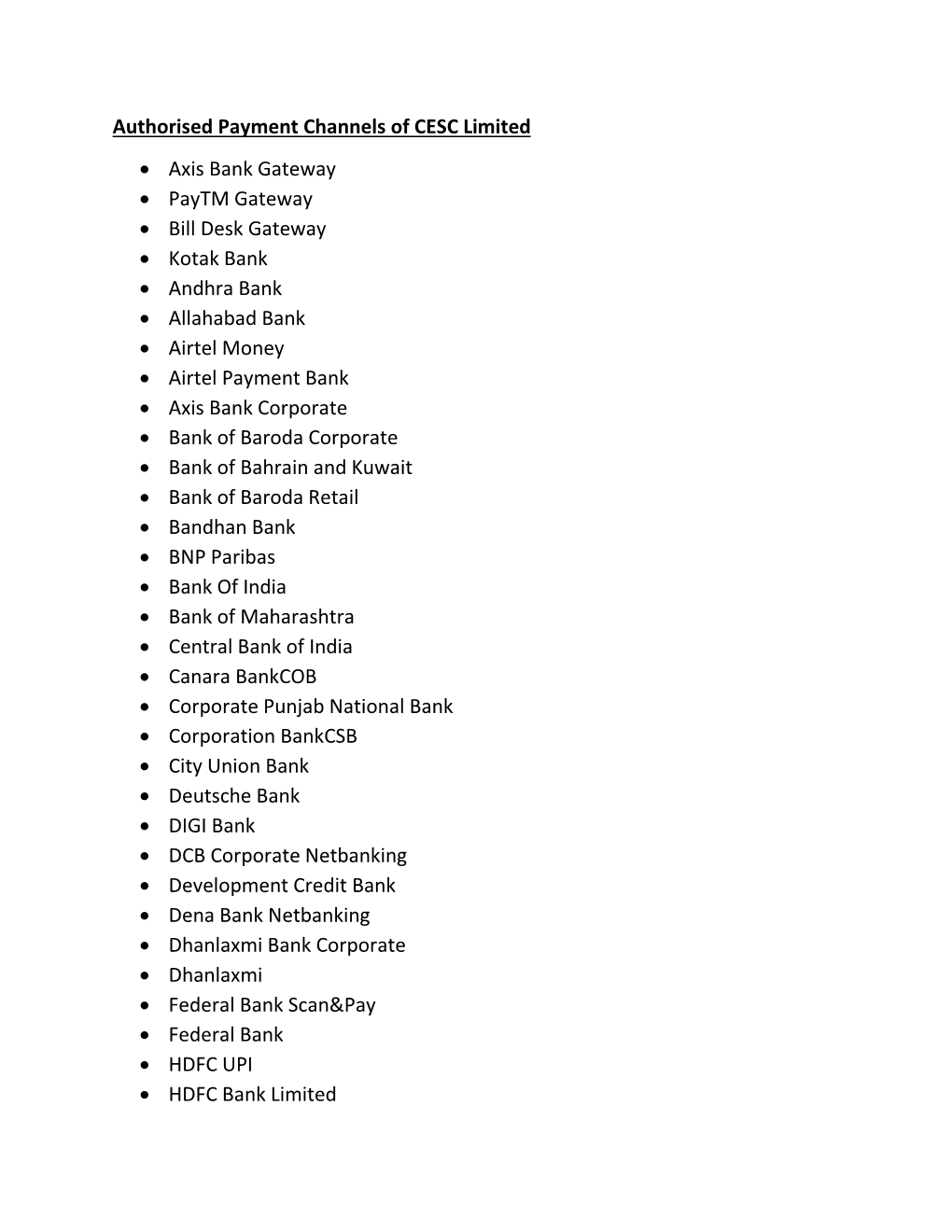 Authorised Payment Channels of CESC Limited • Axis Bank Gateway