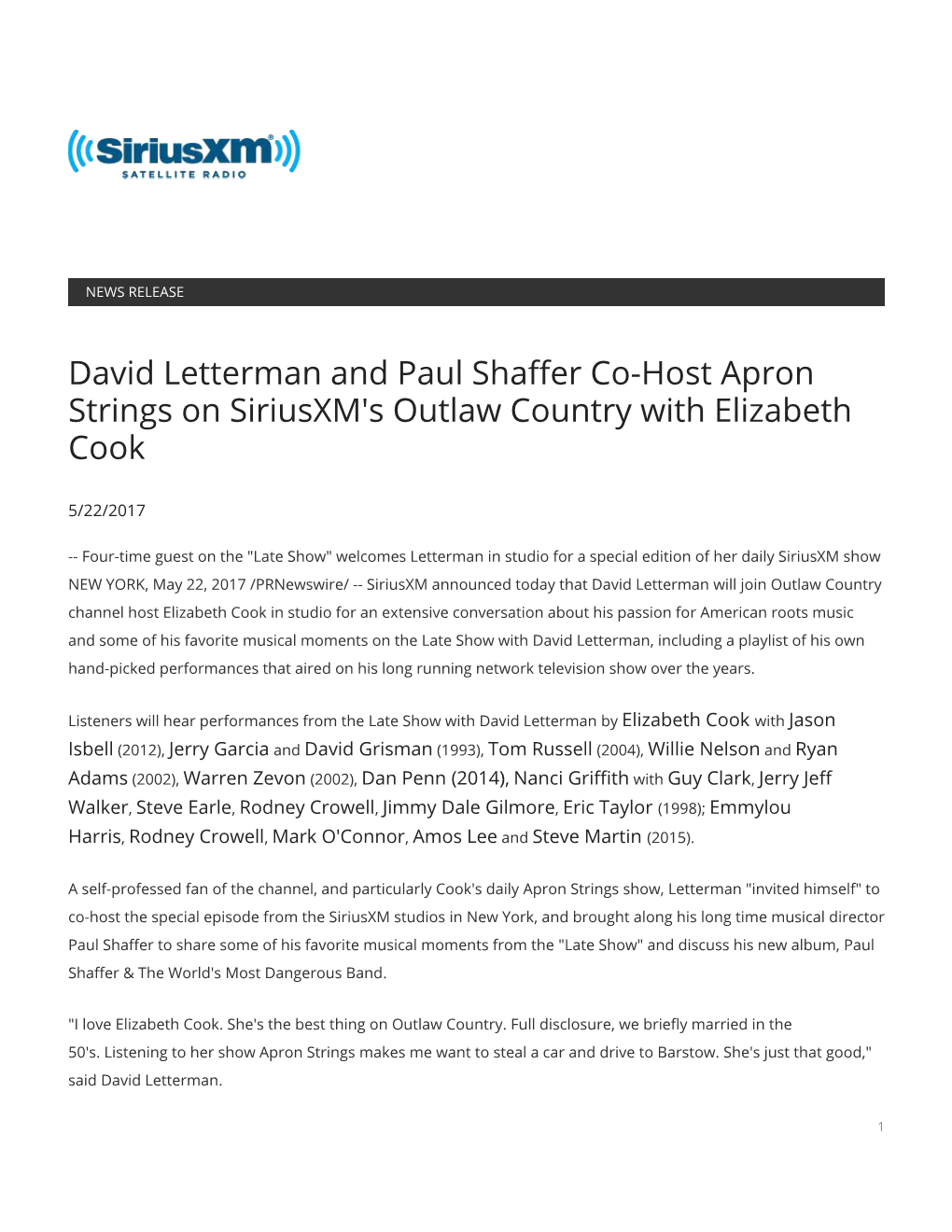 David Letterman and Paul Shaffer Co-Host Apron Strings on Siriusxm's Outlaw Country with Elizabeth Cook