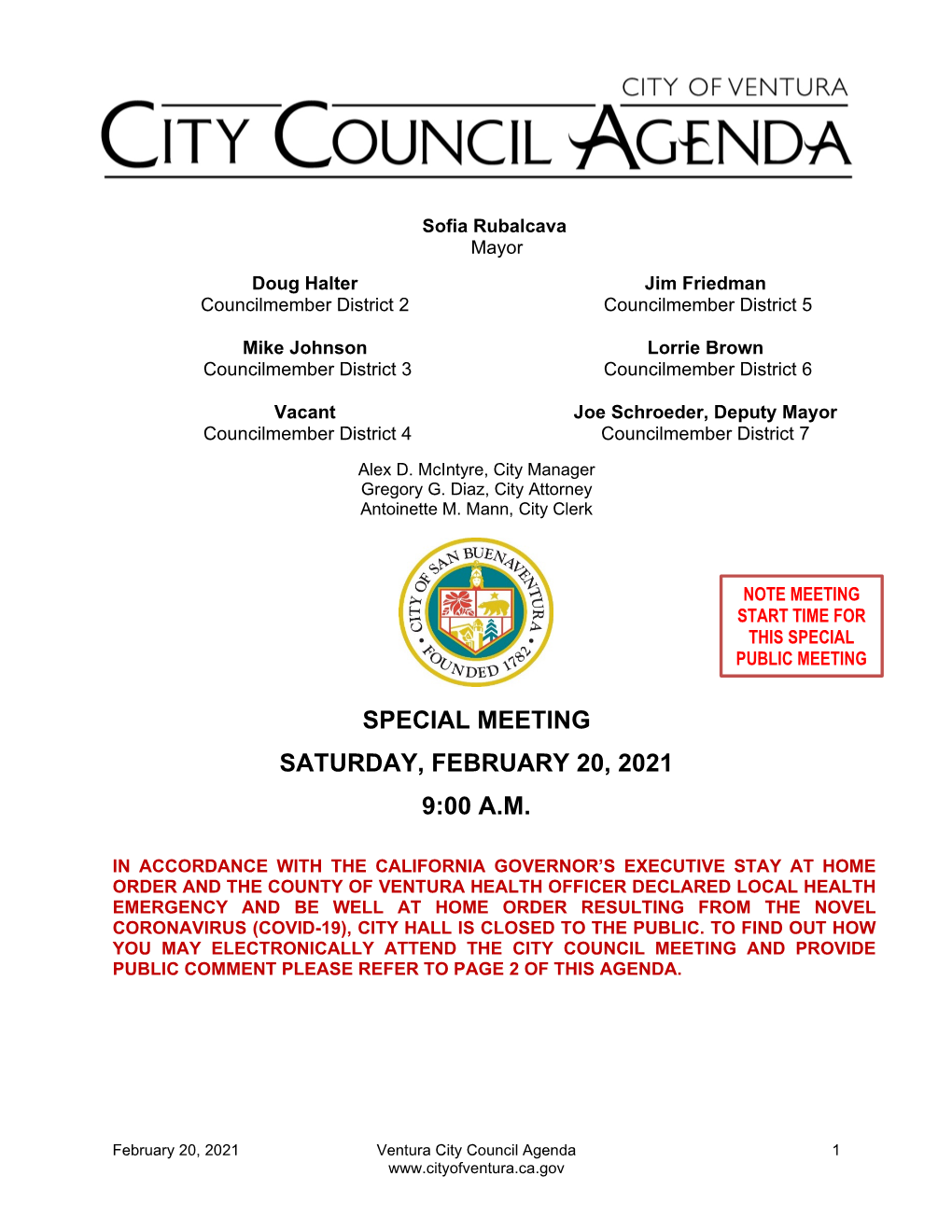 Special Meeting Saturday, February 20, 2021 9:00 A.M