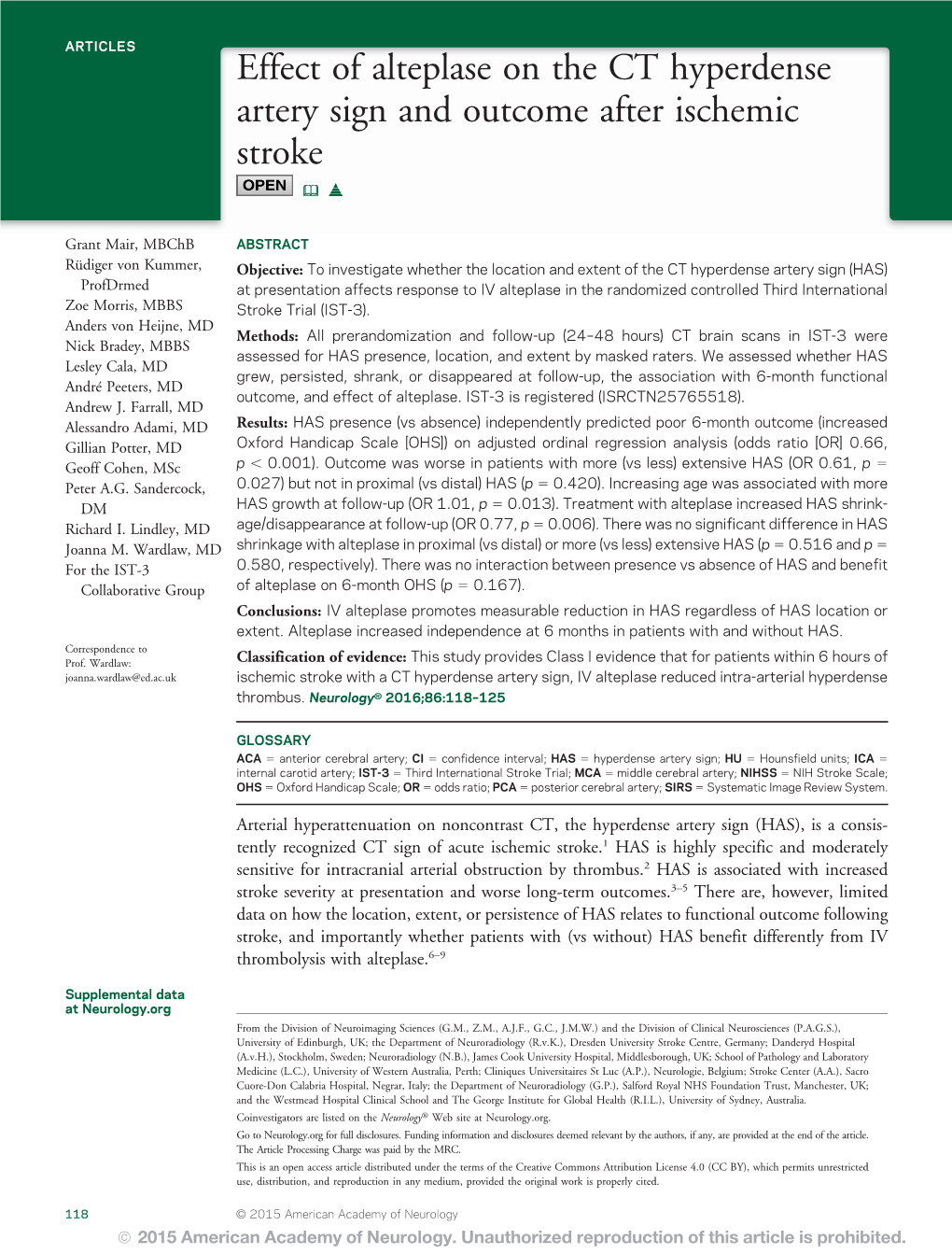 Effect of Alteplase on the CT Hyperdense Artery Sign and Outcome After Ischemic Stroke