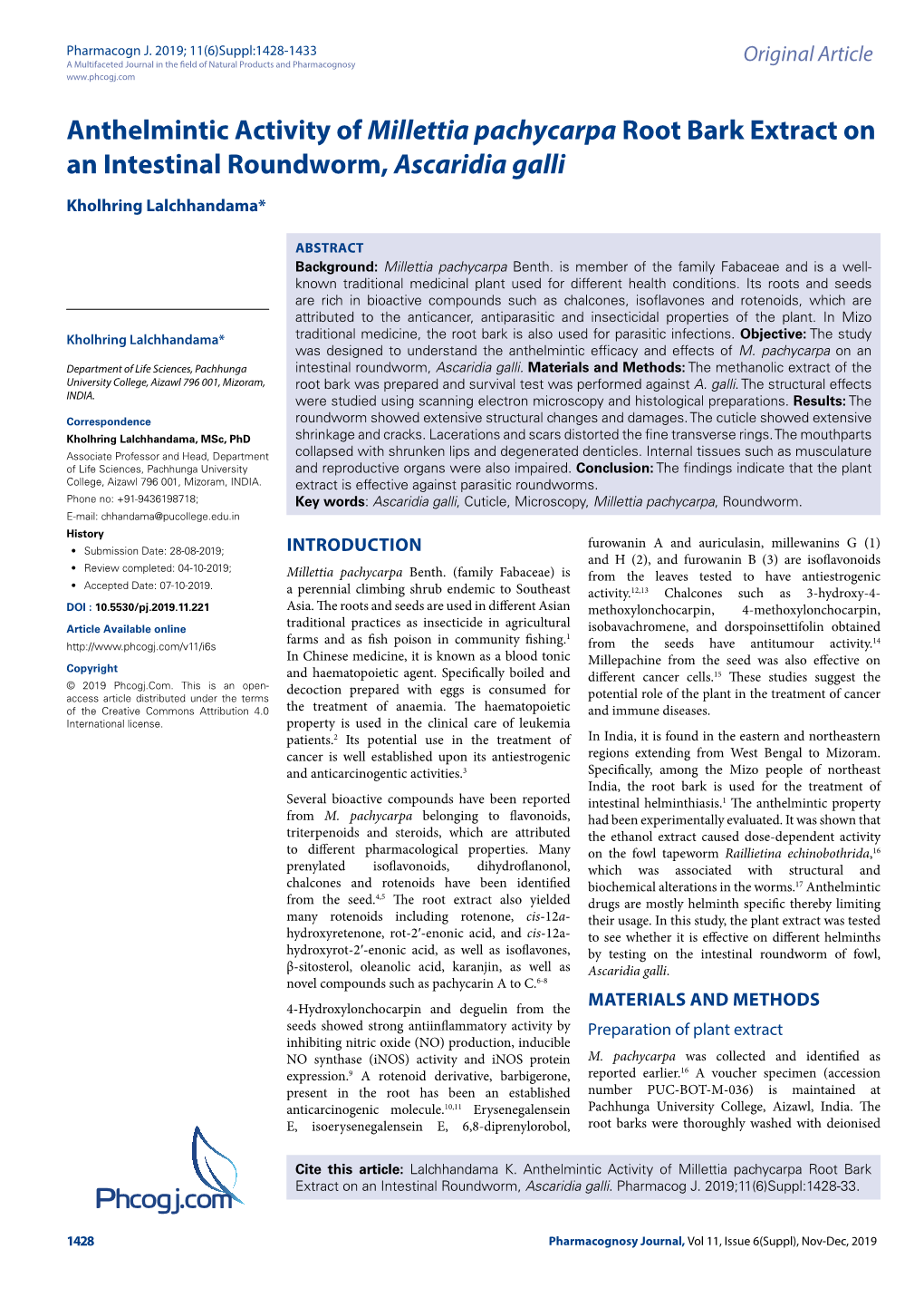 Anthelmintic Activity of Millettia Pachycarpa Root Bark Extract on an Intestinal Roundworm, Ascaridia Galli