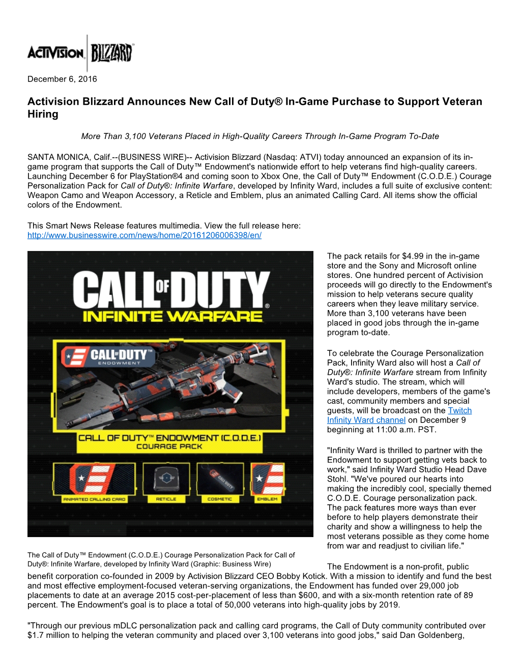 Activision Blizzard Announces New Call of Duty® In-Game Purchase to Support Veteran Hiring