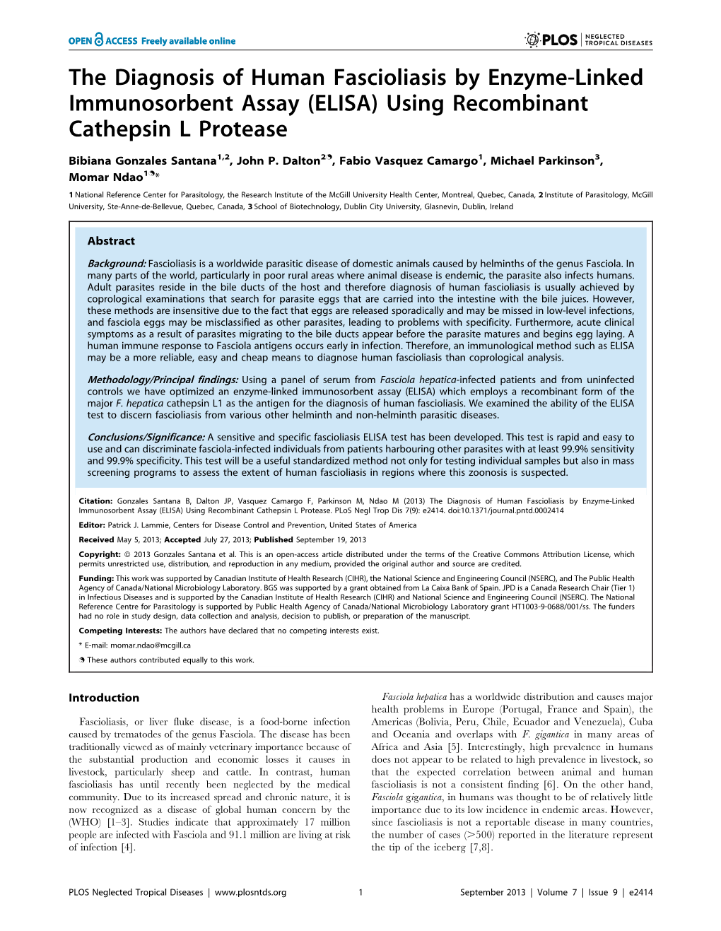 The Diagnosis of Human Fascioliasis by Enzyme-Linked Immunosorbent Assay (ELISA) Using Recombinant Cathepsin L Protease