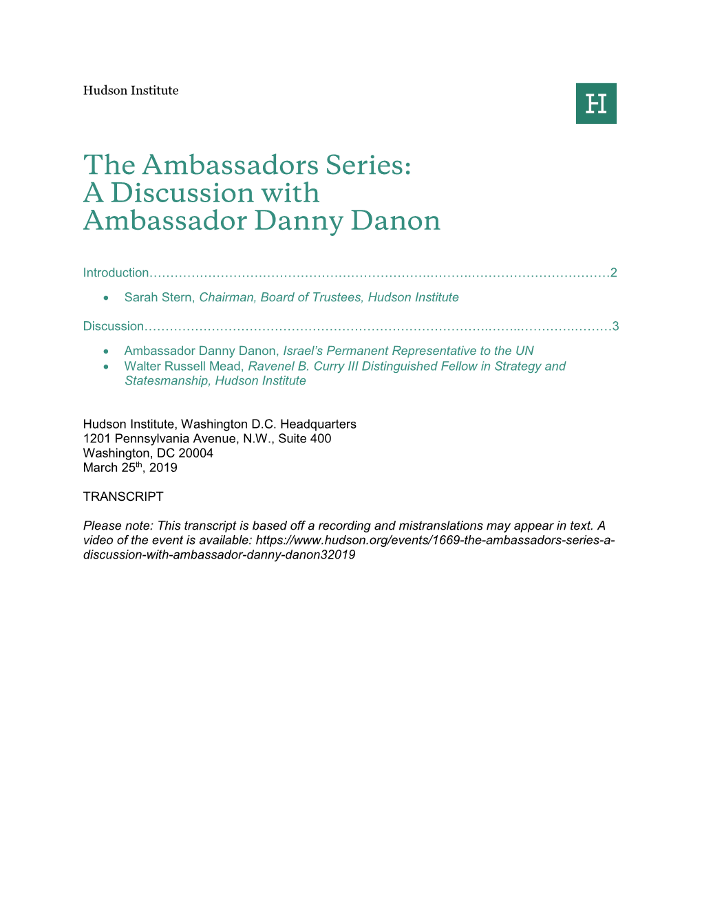 A Discussion with Ambassador Danny Danon
