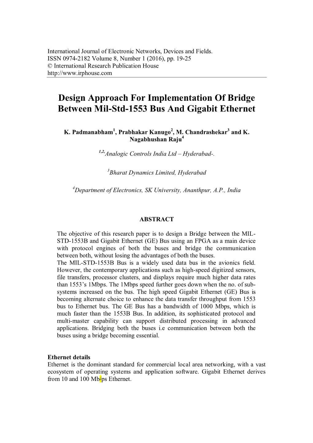 Design Approach for Implementation of Bridge Between Mil-Std-1553 Bus and Gigabit Ethernet