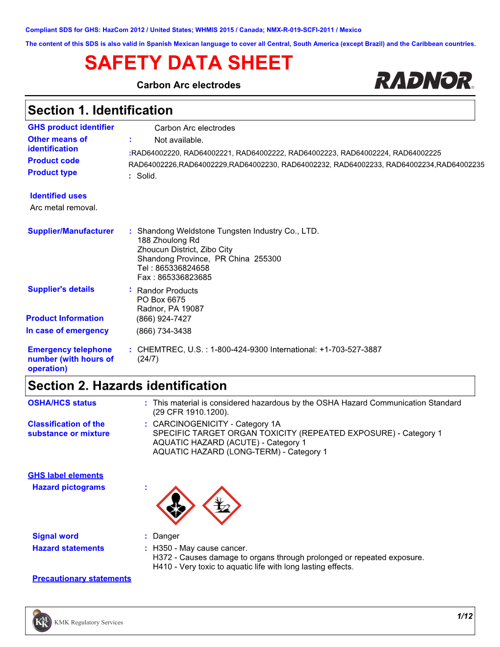 SAFETY DATA SHEET Carbon Arc Electrodes