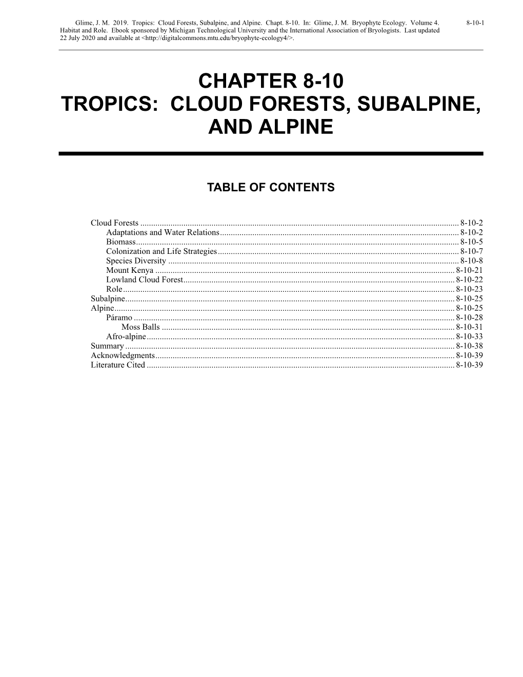 Cloud Forests, Subalpine, and Alpine