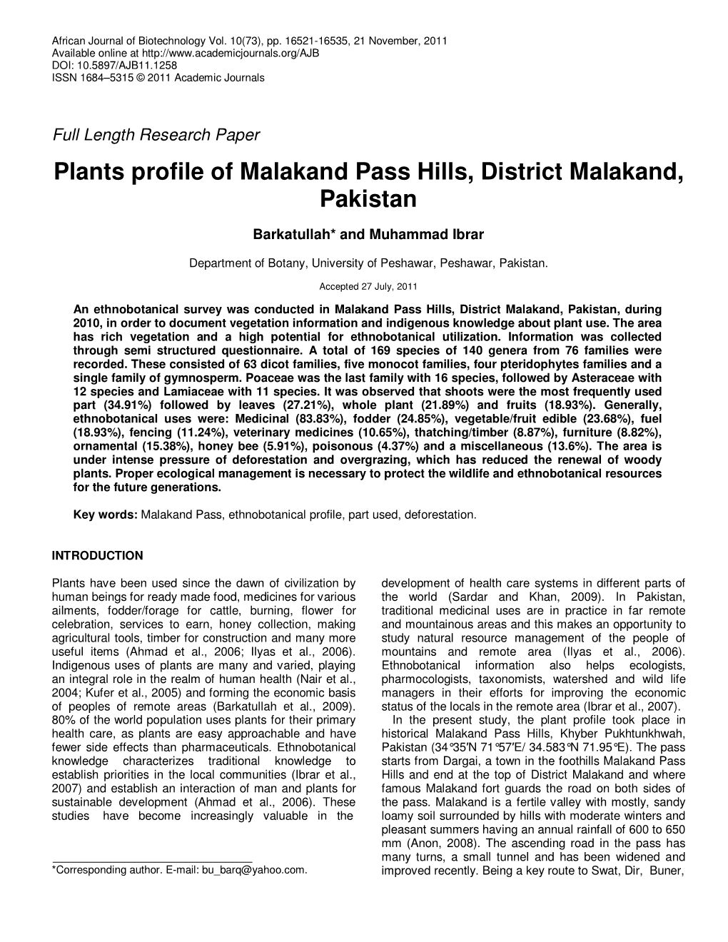 Plants Profile of Malakand Pass Hills, District Malakand, Pakistan