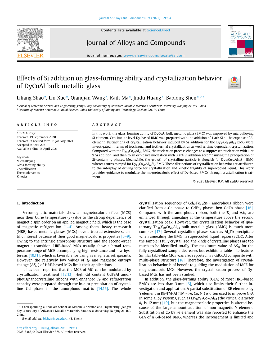 Effects of Si Addition on Glass-Forming Ability and Crystallization Behavior of Dycoal Bulk Metallic Glass