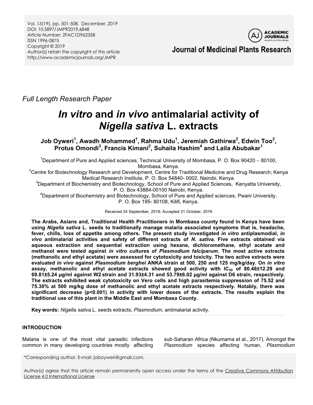 In Vitro and in Vivo Antimalarial Activity of Nigella Sativa L. Extracts