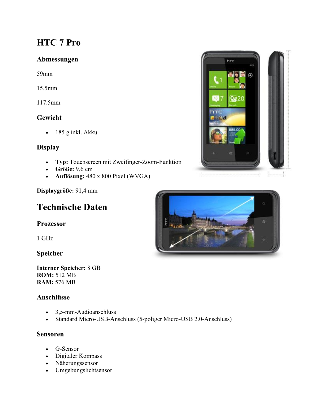 HTC 7 Pro Technische Daten