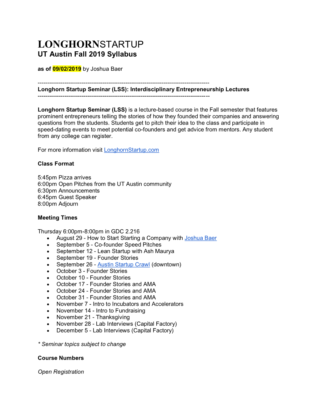 View Longhorn Startup Seminar. Syllabus