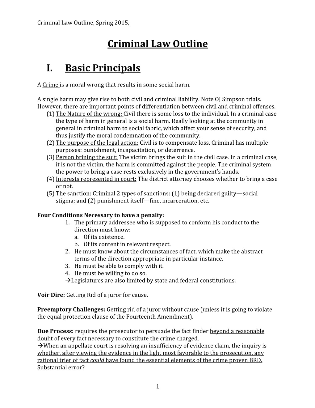 Criminal Law Outline I. Basic Principals