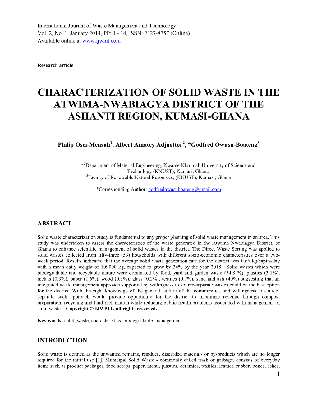 Characterization of Solid Waste in the Atwima-Nwabiagya District of the Ashanti Region, Kumasi-Ghana