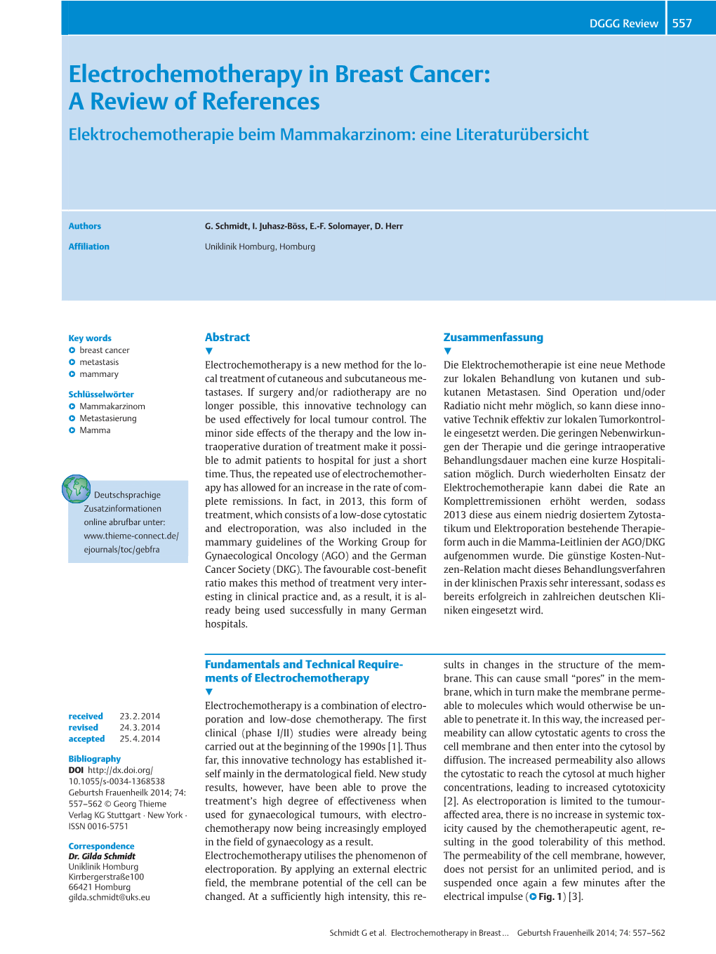 Electrochemotherapy in Breast Cancer: a Review of References Elektrochemotherapie Beim Mammakarzinom: Eine Literaturübersicht