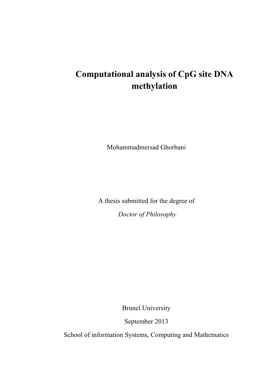 Computational Analysis of Cpg Site DNA Methylation