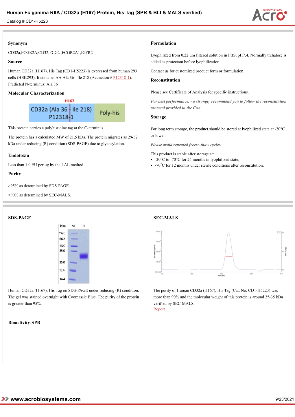 9/23/2021 Human Fc Gamma RIIA / Cd32a (H167) Protein, His Tag (SPR & BLI & MALS Verified) Catalog # CD1-H5223