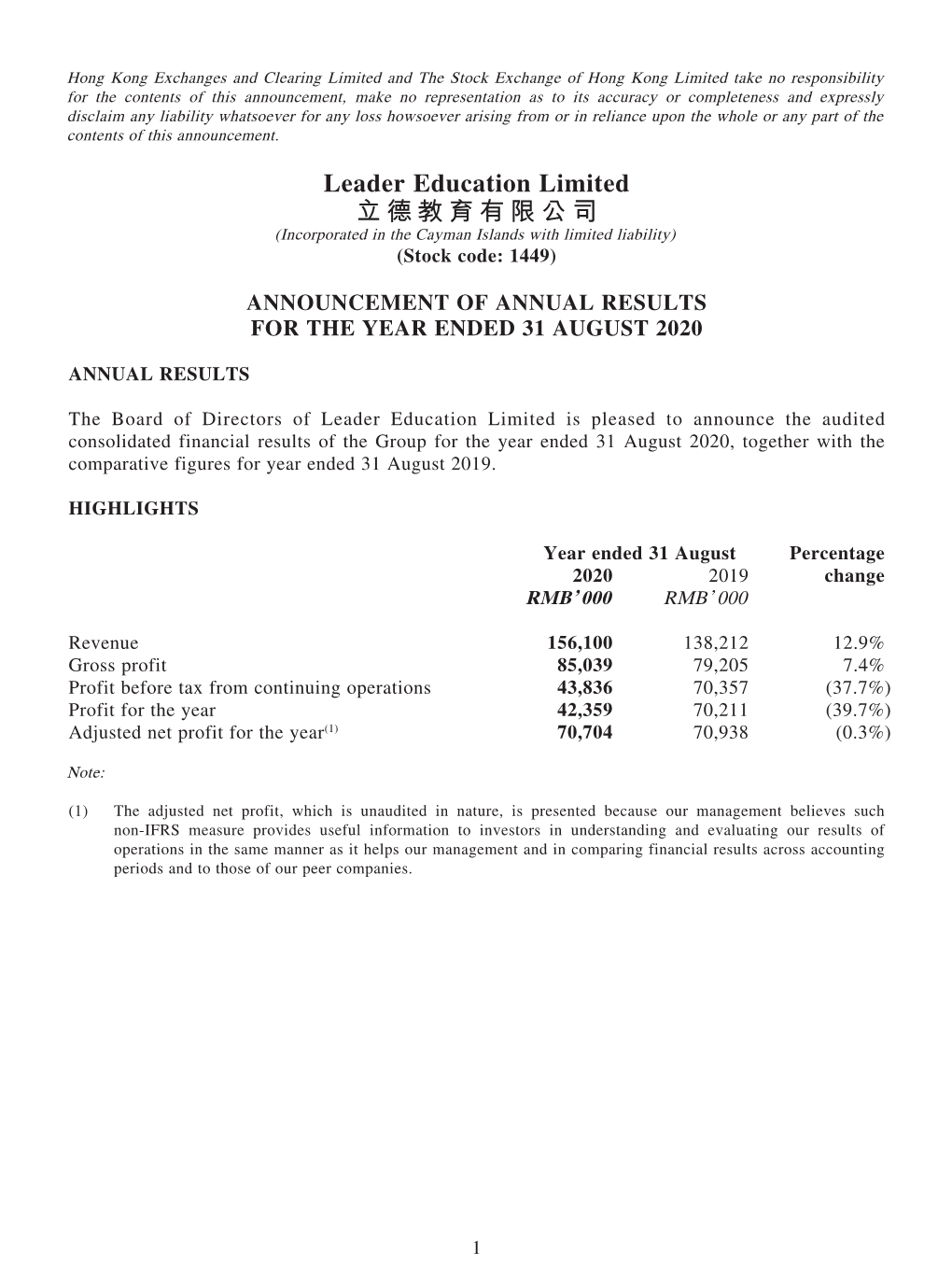 Announcement of Annual Results for the Year Ended 31 August 2020