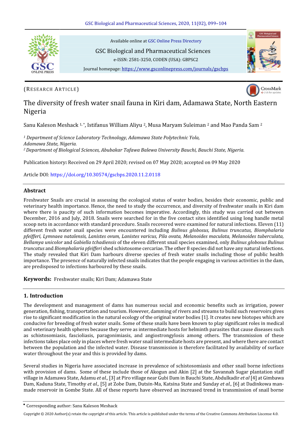 The Diversity of Fresh Water Snail Fauna in Kiri Dam, Adamawa State, North Eastern Nigeria