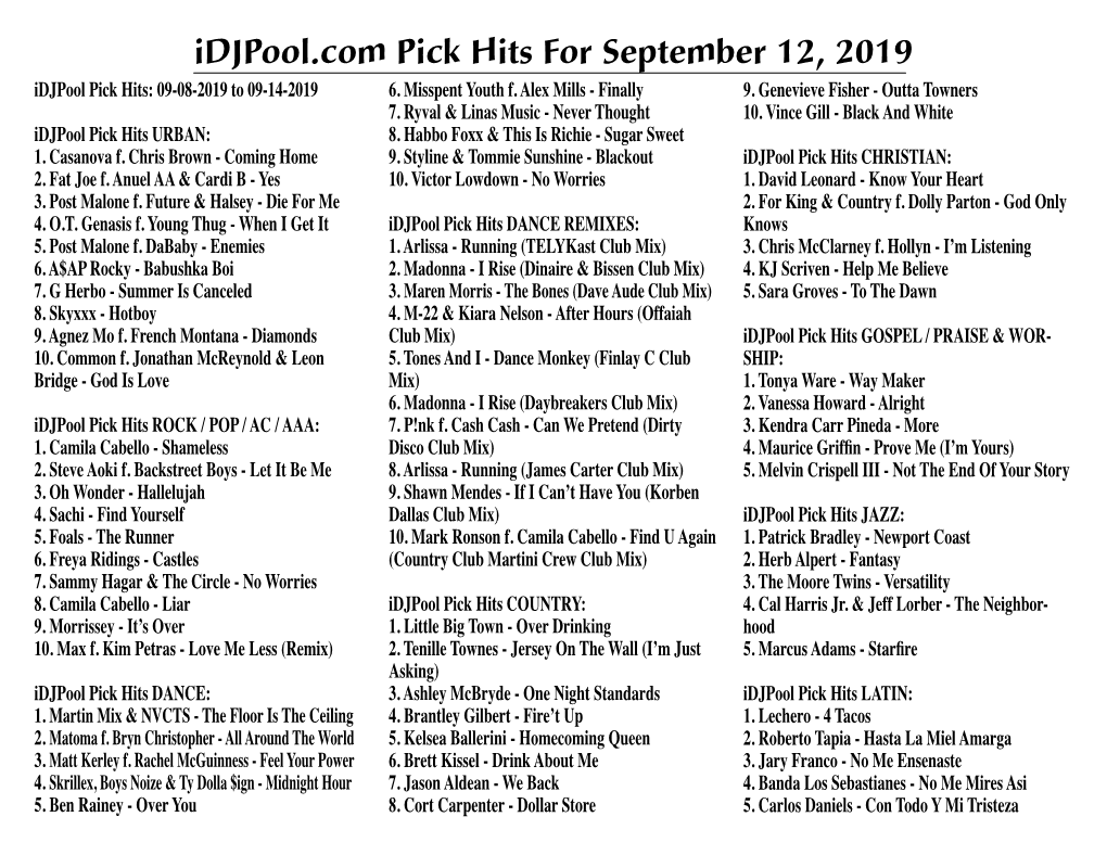 Idjpool.Com Pick Hits for September 12, 2019 Idjpool Pick Hits: 09-08-2019 to 09-14-2019 6