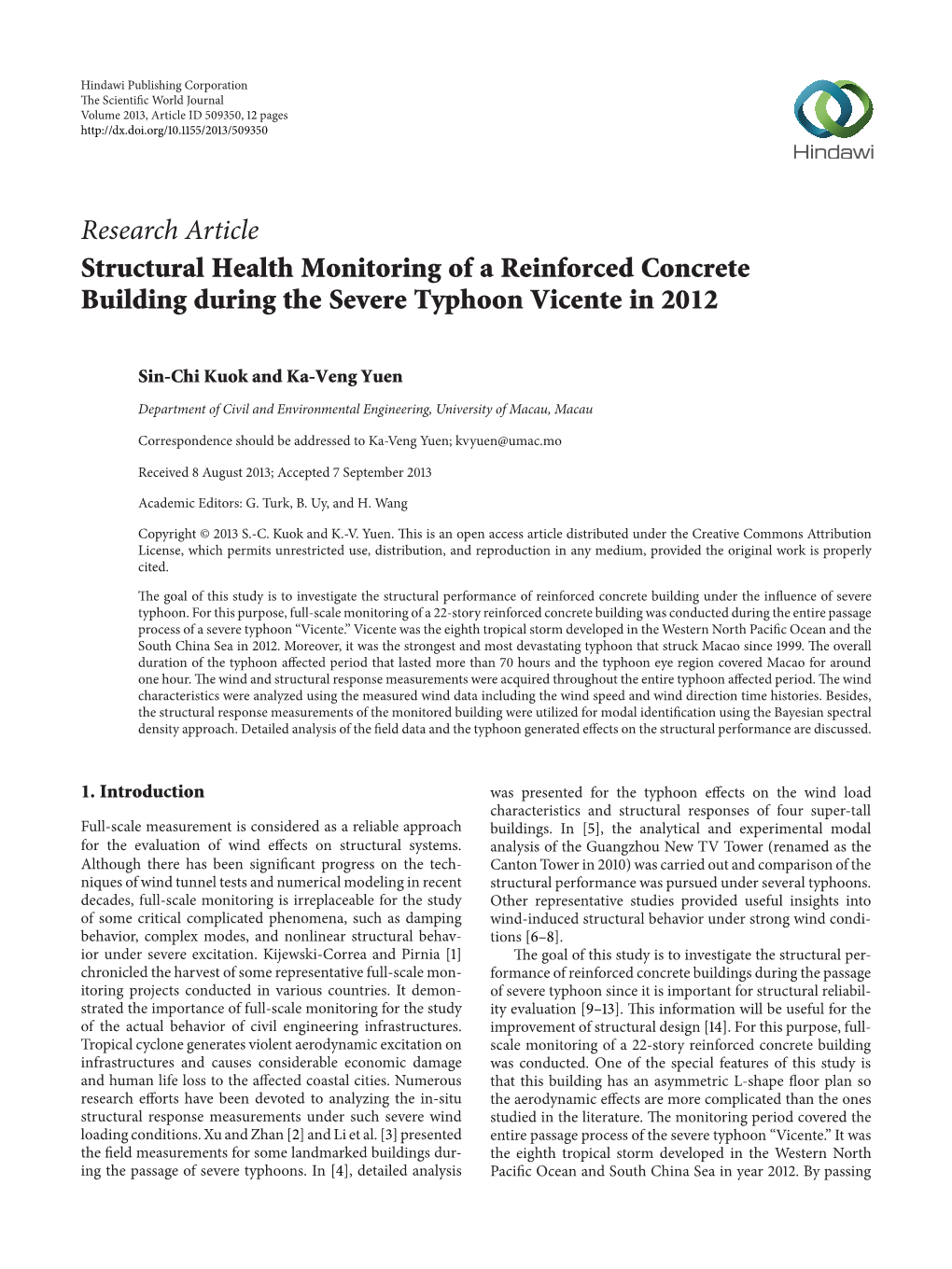 Structural Health Monitoring of a Reinforced Concrete Building During the Severe Typhoon Vicente in 2012