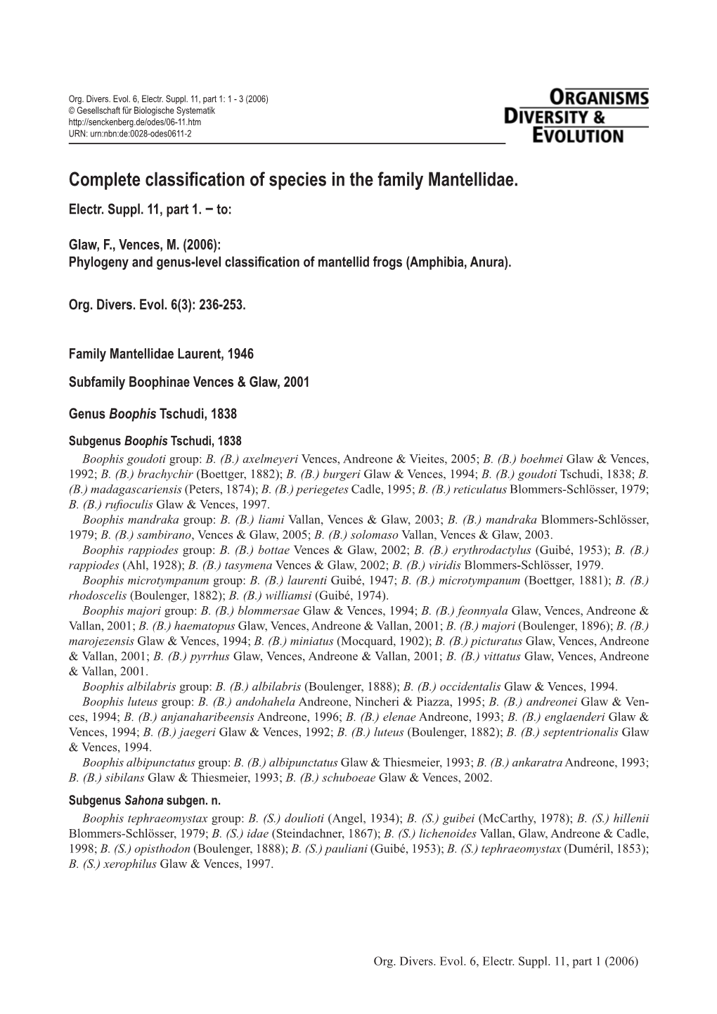 Complete Classification of Species in the Family Mantellidae