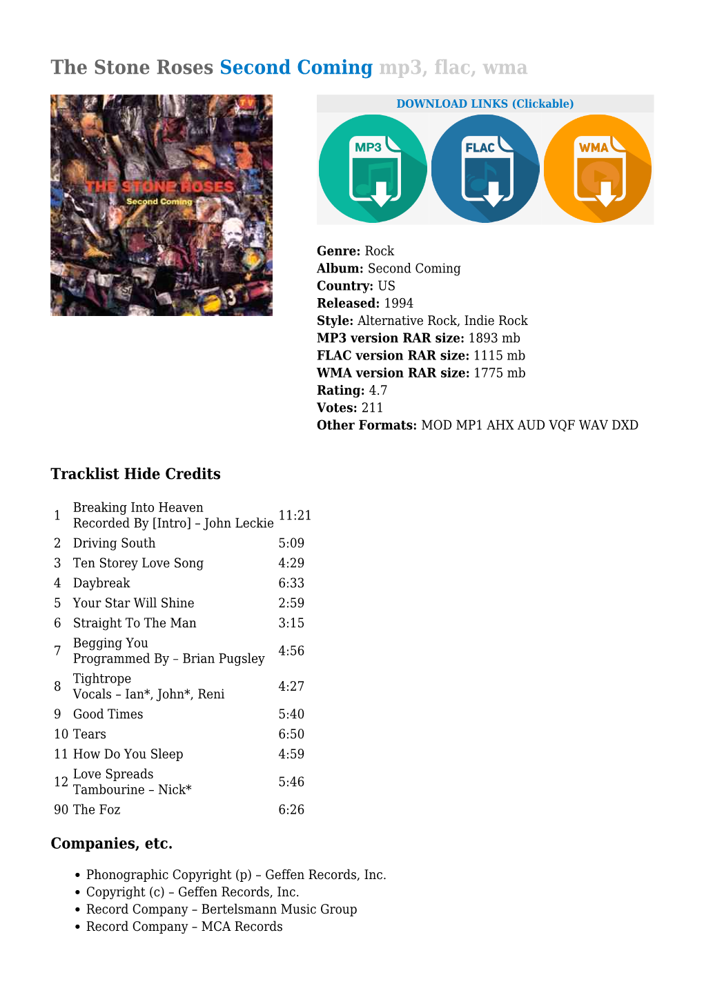 The Stone Roses Second Coming Mp3, Flac, Wma