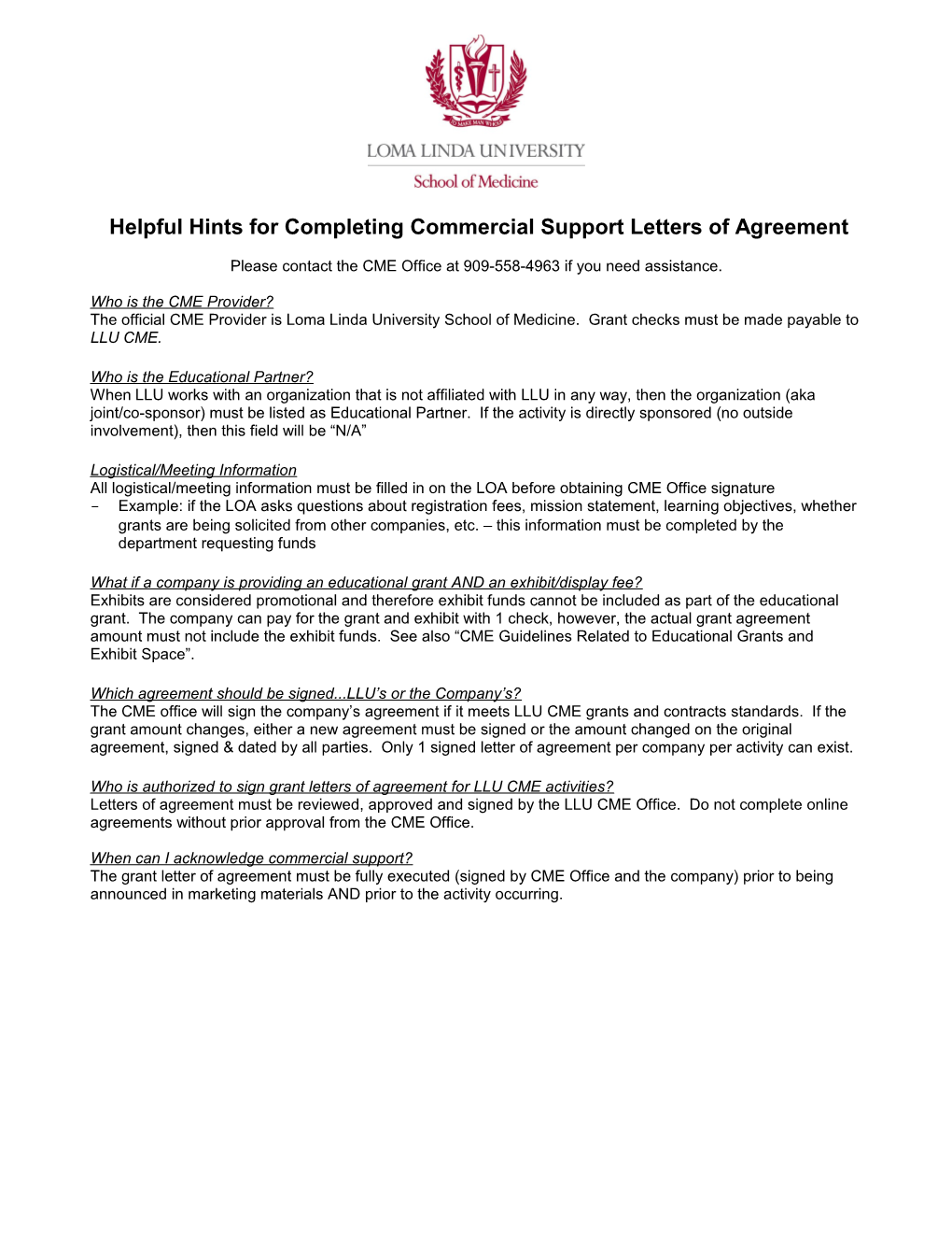 Helpful Hints for Completing Commercial Support Letters of Agreement