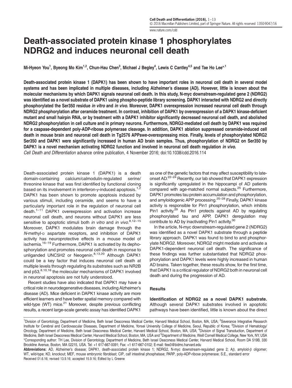 Death-Associated Protein Kinase 1 Phosphorylates NDRG2 and Induces Neuronal Cell Death