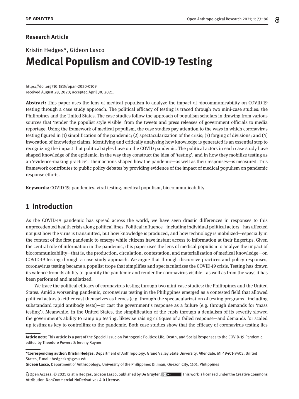 Medical Populism and COVID-19 Testing