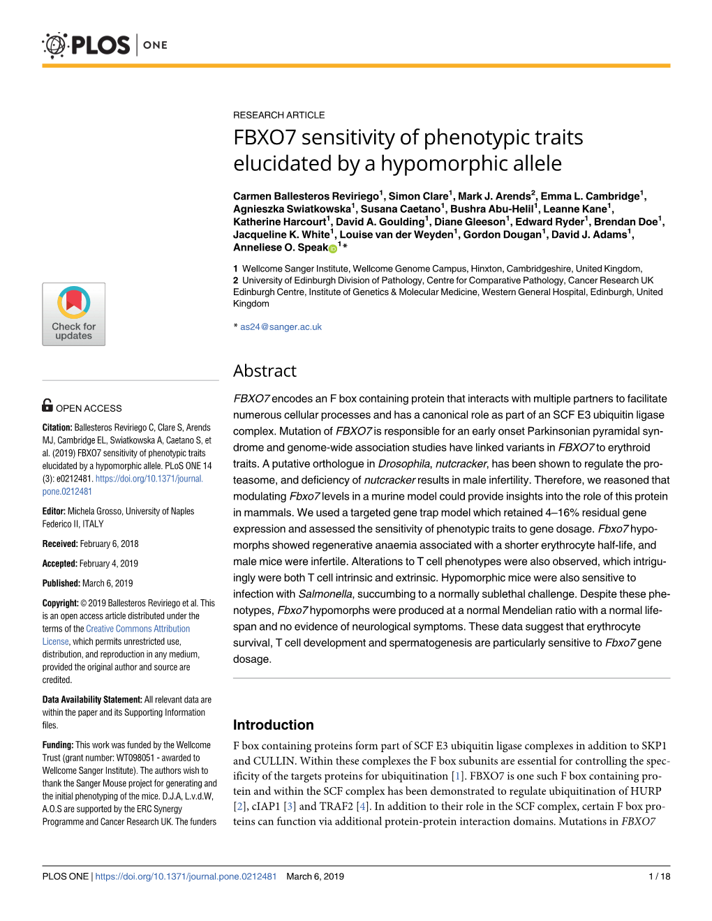 FBXO7 Sensitivity of Phenotypic Traits Elucidated by a Hypomorphic Allele