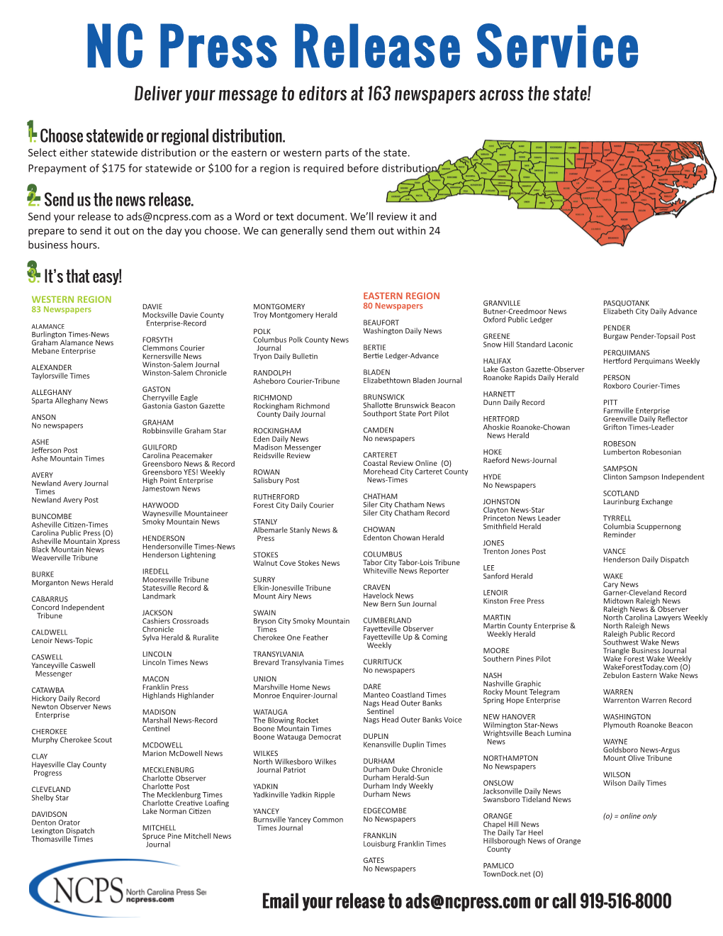 NC Press Release Service Deliver Your Message to Editors at 163 Newspapers Across the State!