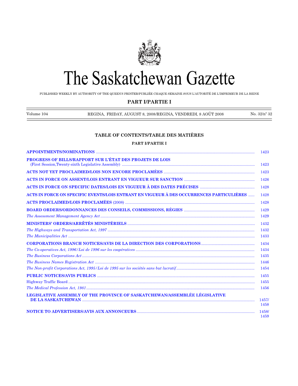 The Saskatchewan Gazette, August 8, 2008 1421