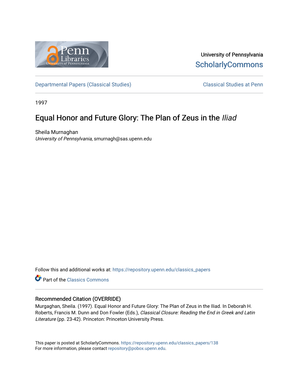 Equal Honor and Future Glory: the Plan of Zeus in the Iliad