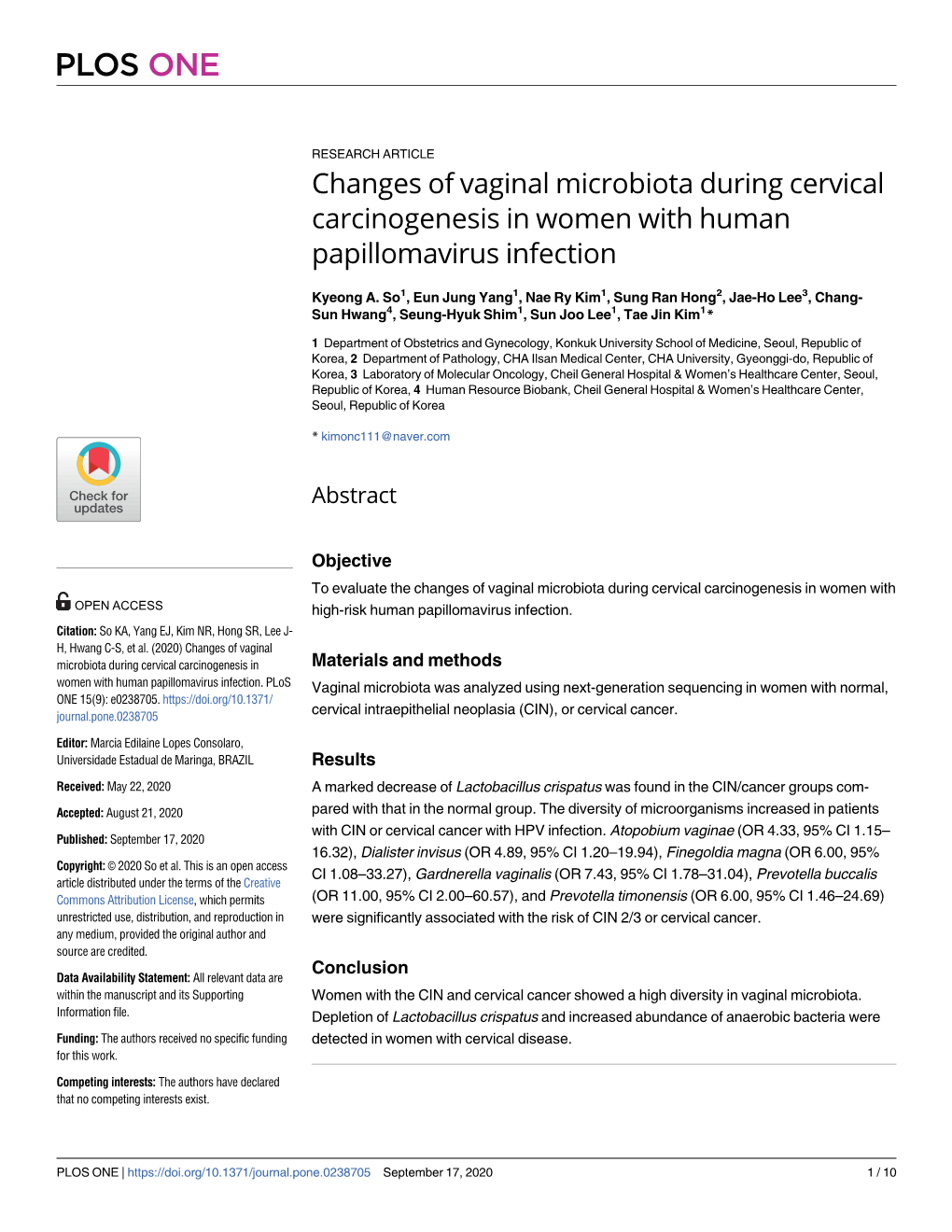 Changes of Vaginal Microbiota During Cervical Carcinogenesis in Women with Human Papillomavirus Infection