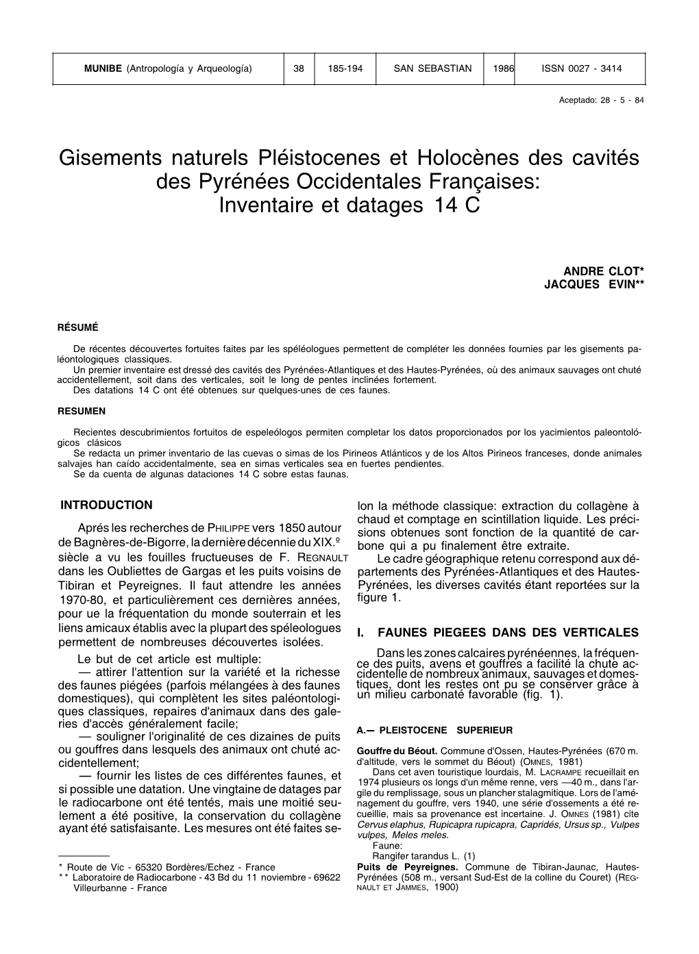 Gisements Naturels Pléistocenes Et Holocènes Des Cavités Des Pyrénées Occidentales Françaises: Inventaire Et Datages 14 C