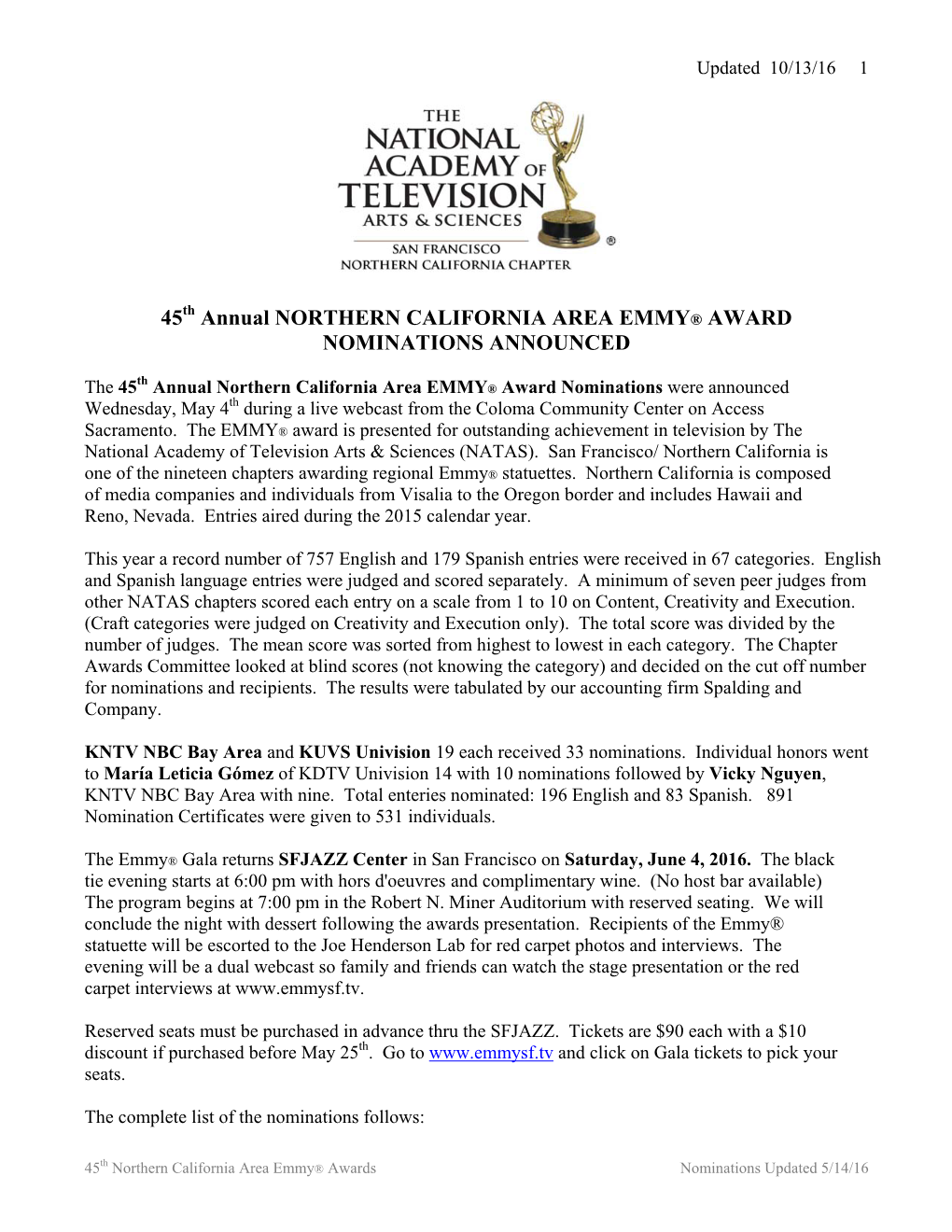 45 Annual NORTHERN CALIFORNIA AREA EMMY® AWARD NOMINATIONS ANNOUNCED