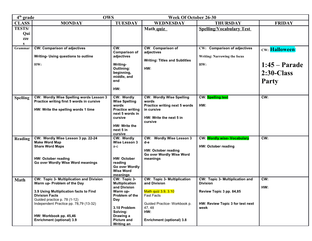 Grade: 9 Weekly Assignment Sheet