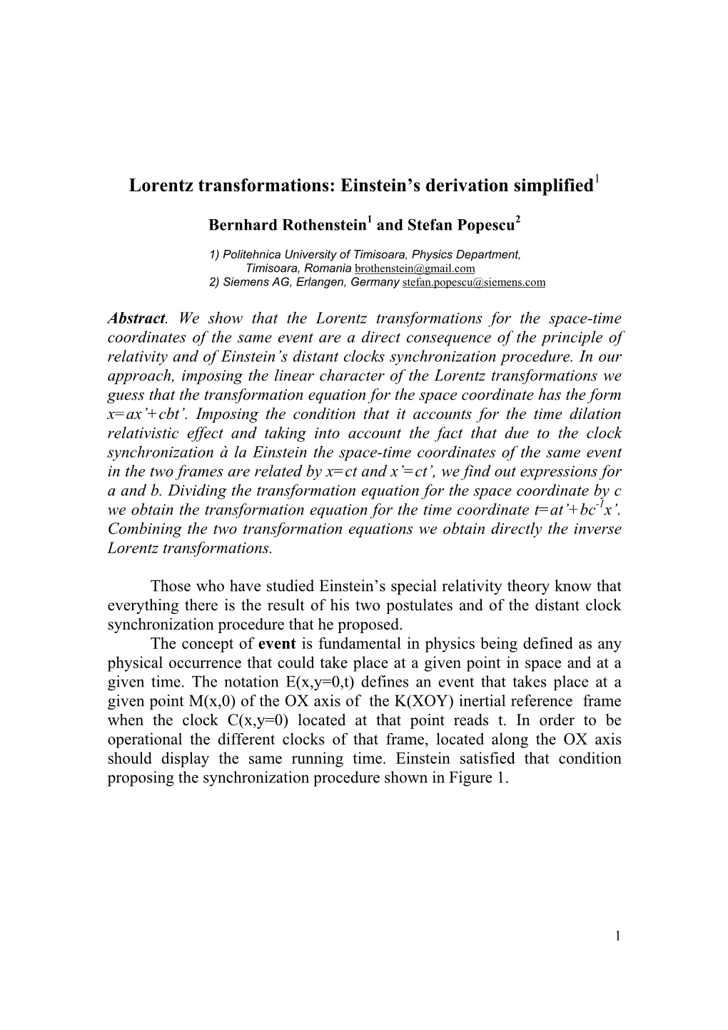Lorentz Transformations: Einstein's Derivation Simplified1