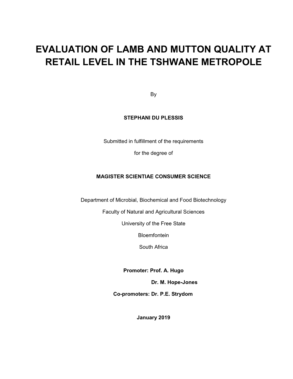 Evaluation of Lamb and Mutton Quality at Retail Level in the Tshwane Metropole